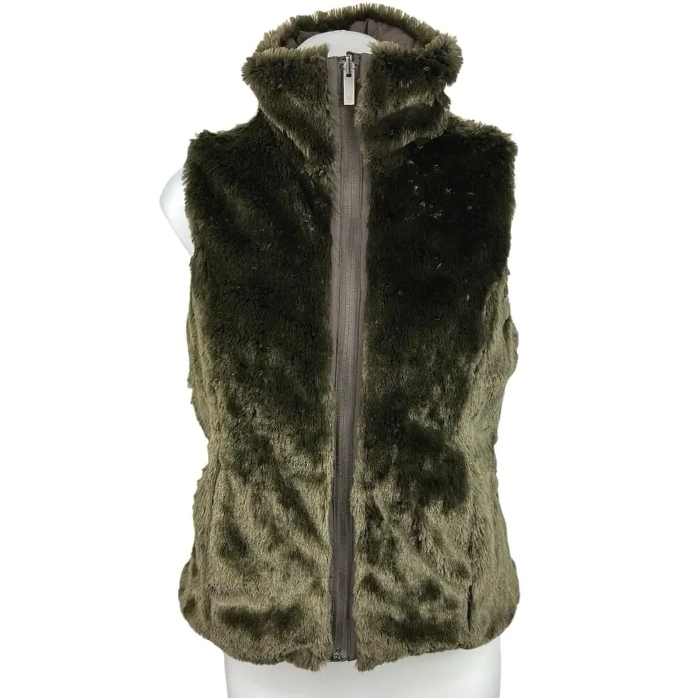 WeatherProof Reversible Green Fur Quilted Puffer High Neck Vest Jacket Coat Sz S